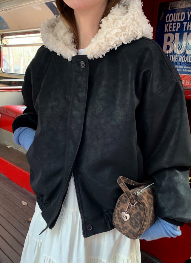 BS韓國毛絨連帽皮革夾克-連帽不可拆