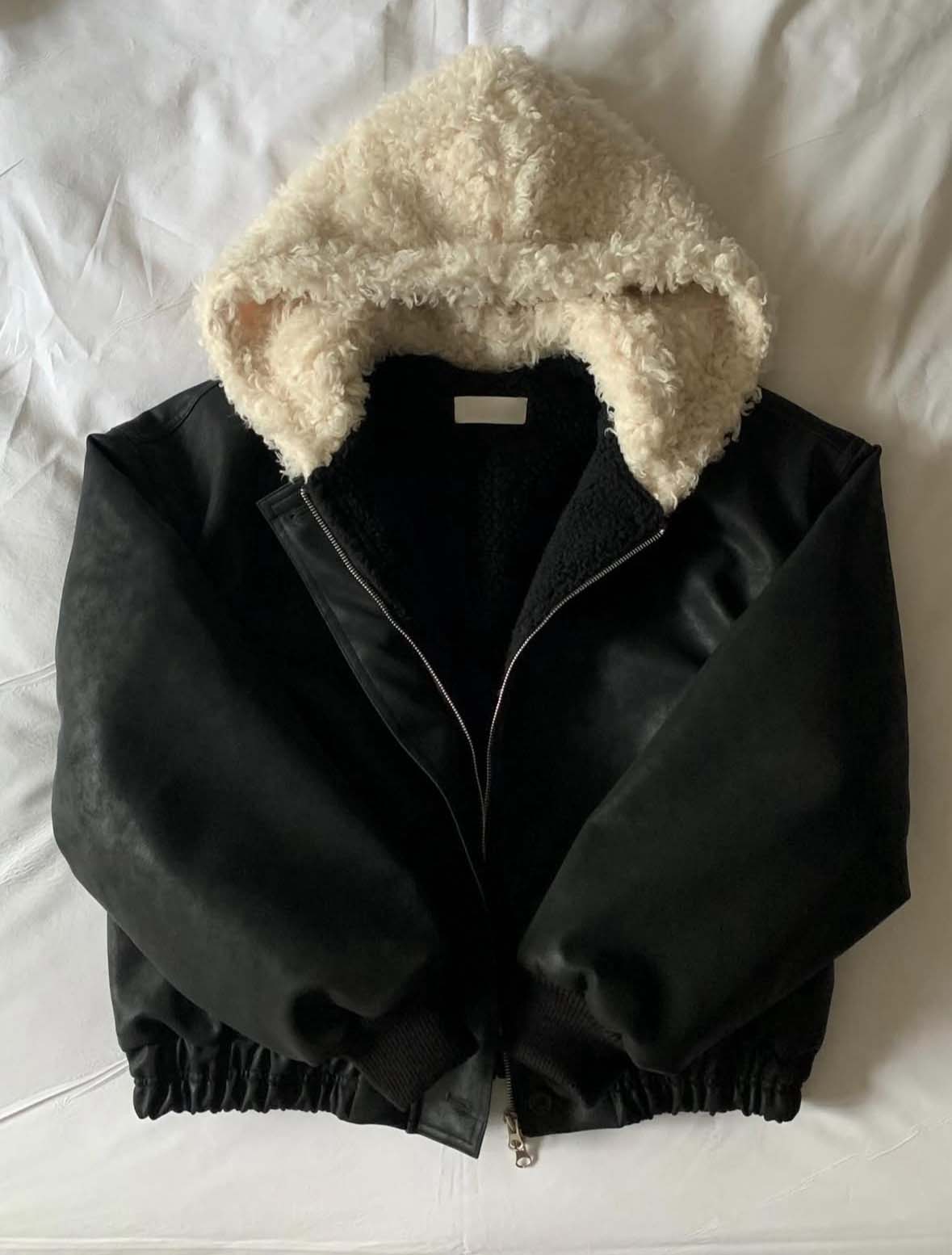 BS韓國毛絨連帽皮革夾克-連帽不可拆