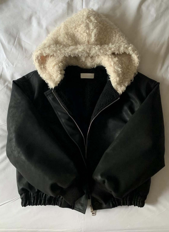 BS韓國毛絨連帽皮革夾克-連帽不可拆