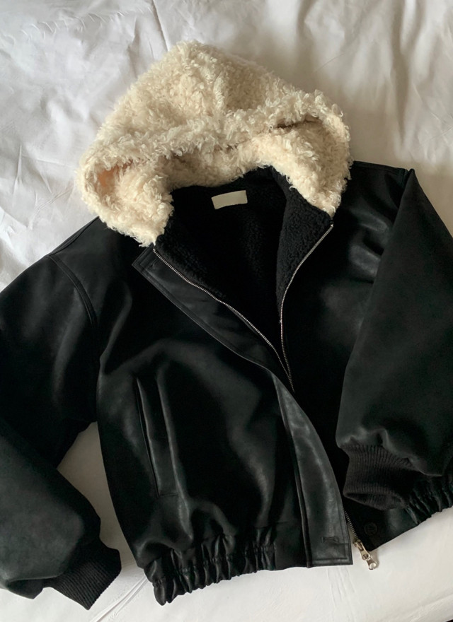 BS韓國毛絨連帽皮革夾克-連帽不可拆