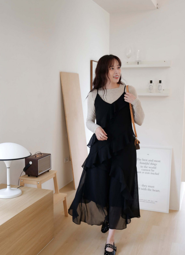 BS韓國荷葉細肩洋裝(兩色)