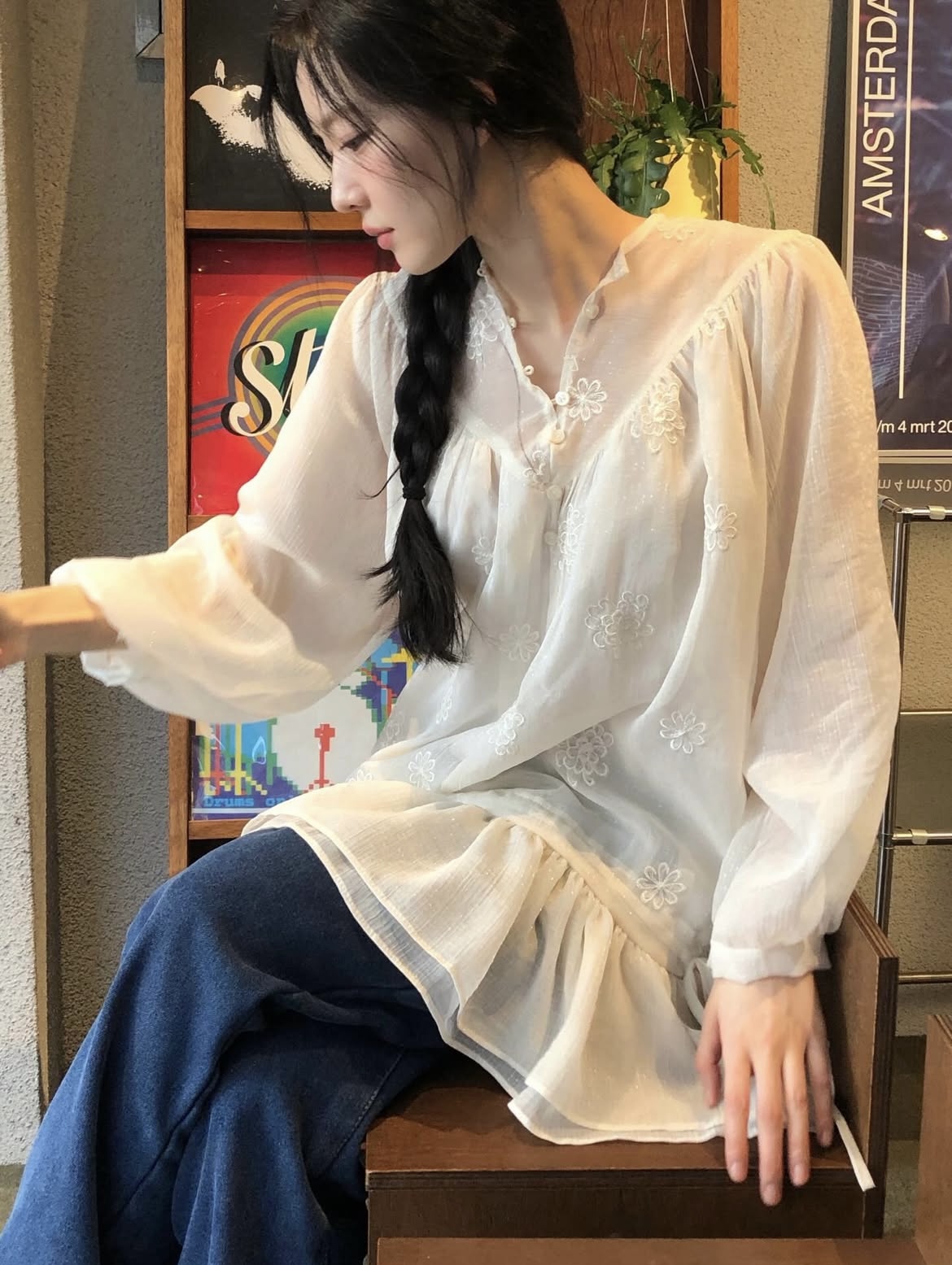 BS潔花刺繡透肌長上衣